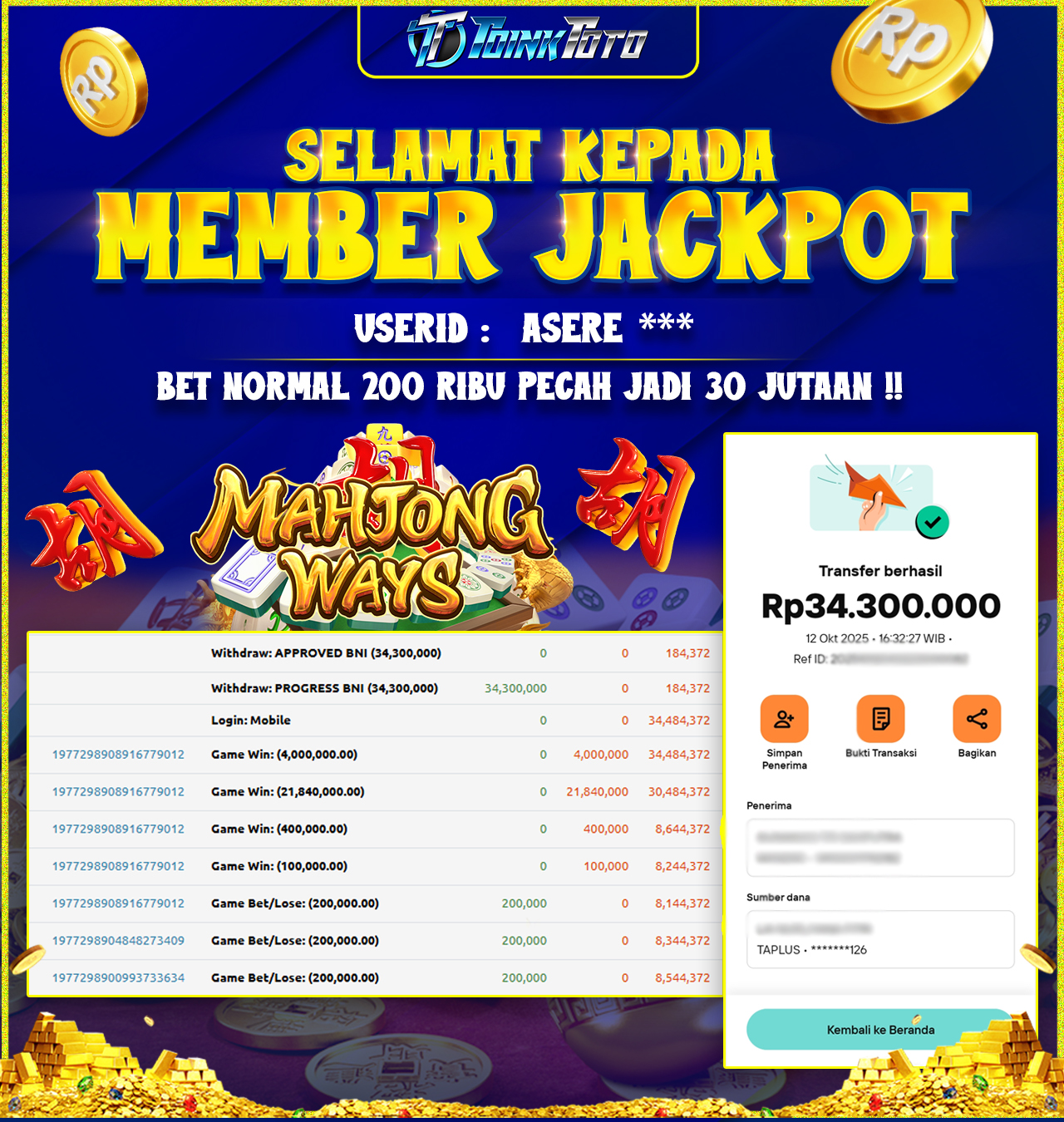 TOINKTOTO JACKPOT GAME SLOT MAHJONG WAYS PG SOFT Rp.34.300.000.,- LUNAS