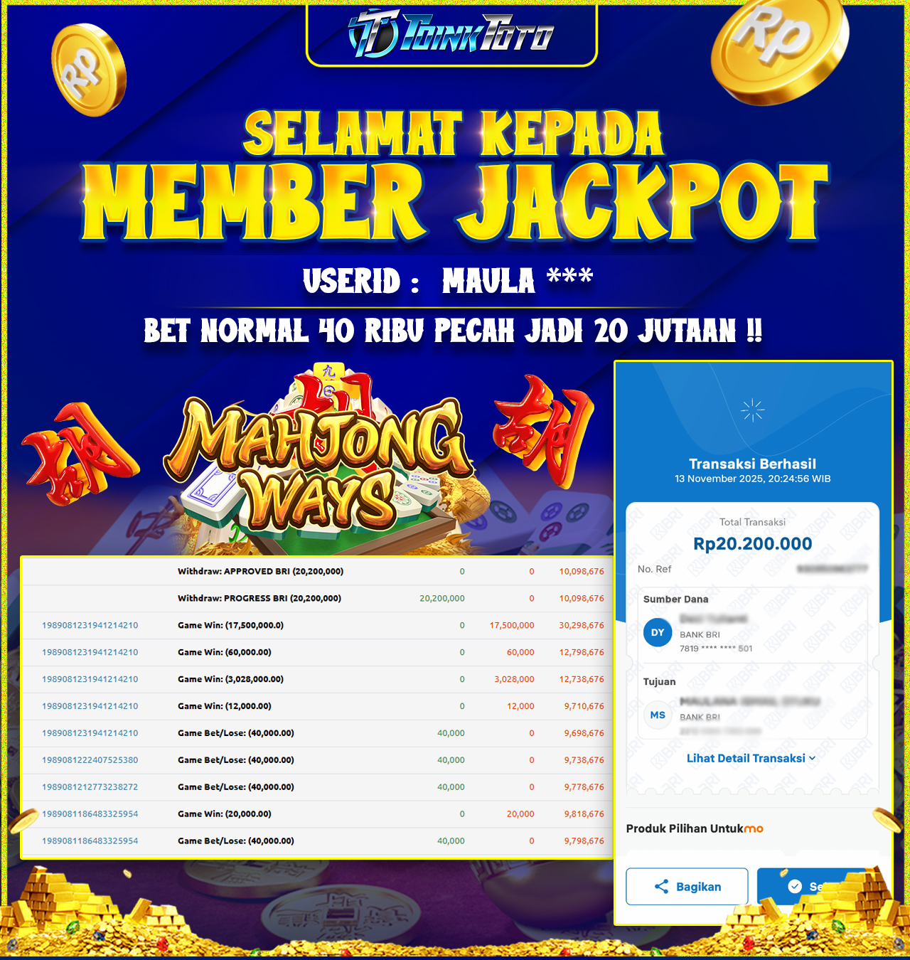 TOINKTOTO JACKPOT GAME SLOT MAHJONG WAYS PG SOFT Rp.20.200.000.,- LUNAS