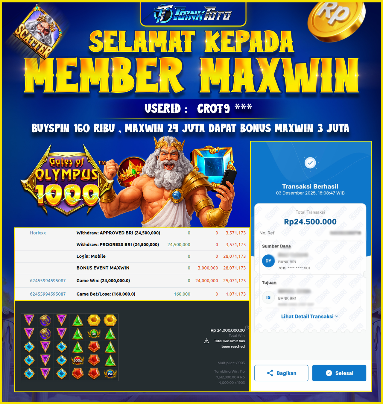 TOINKTOTO JACKPOT GAME SLOT GATES OF OLYMPUS 1000 Rp.24.500.000.,- LUNAS