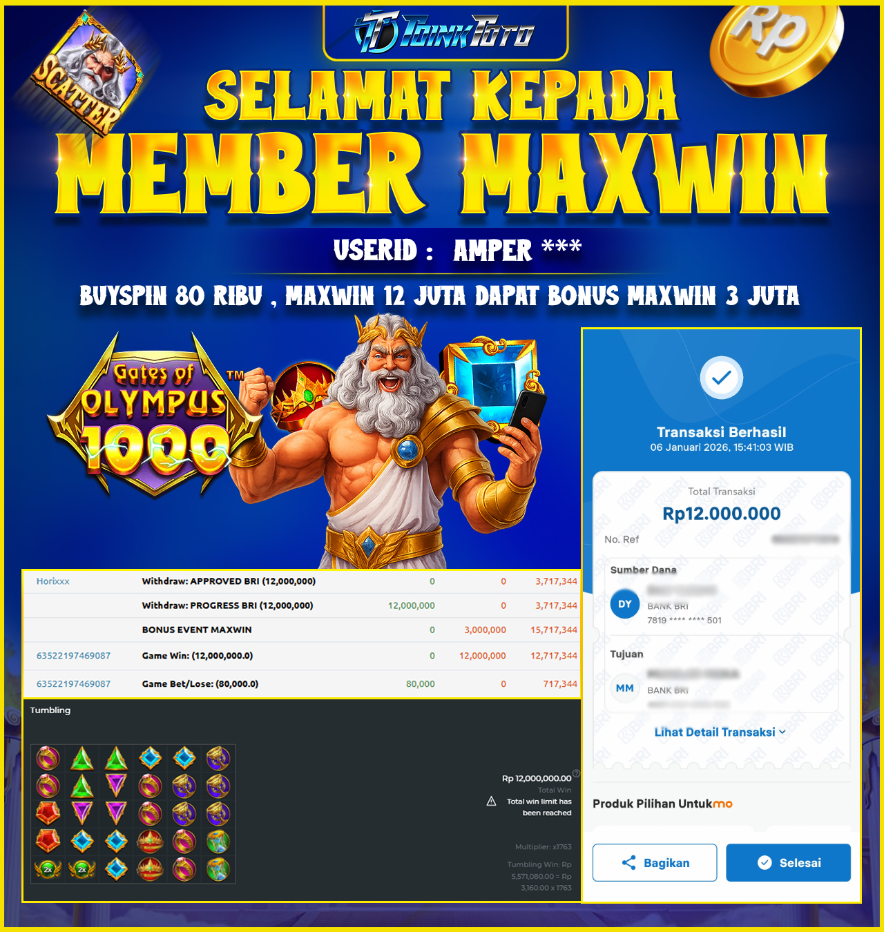 TOINKTOTO JACKPOT GAME SLOT GATES OF OLYMPUS 1000 Rp.12.000.000.,- LUNAS